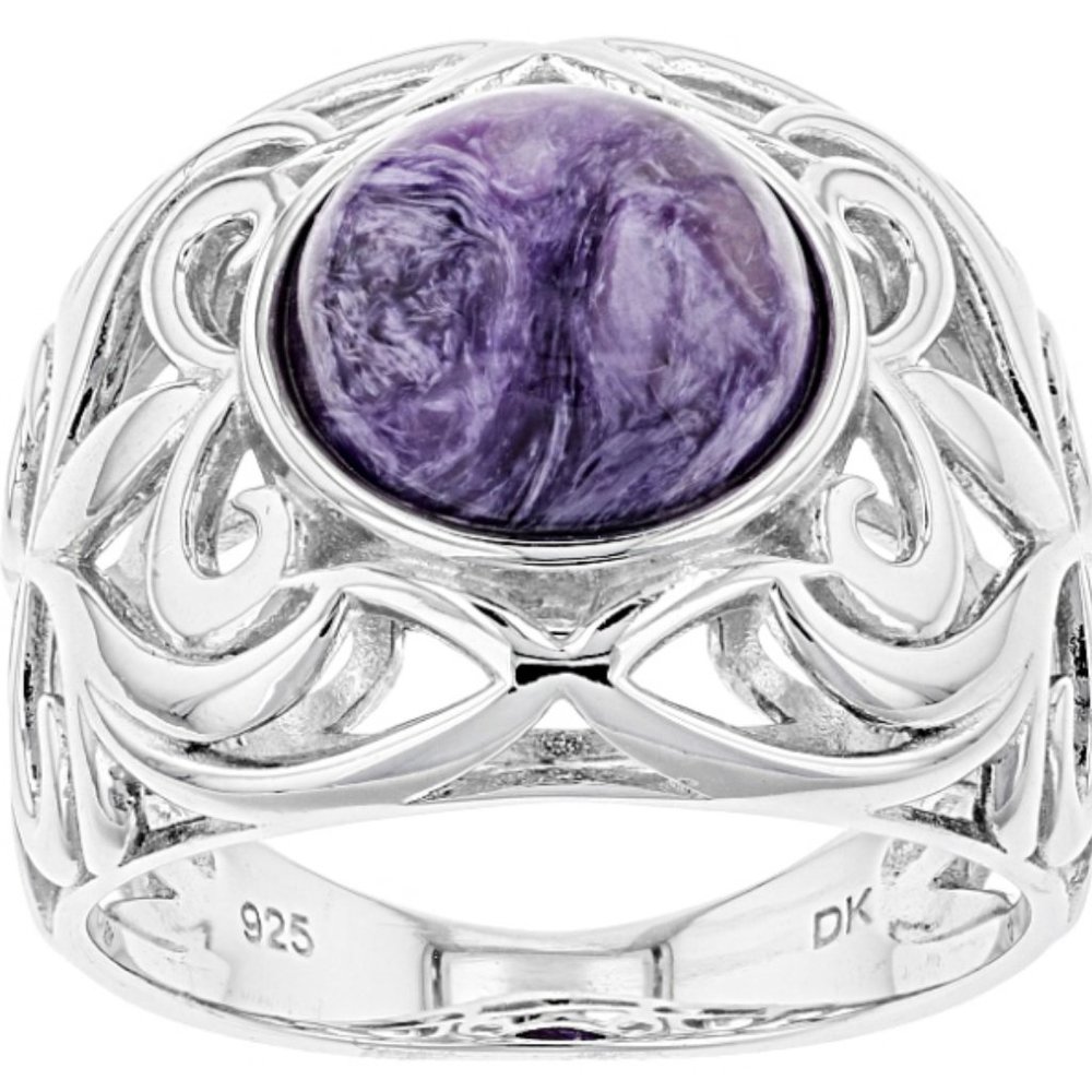 Purple Charoite 10 mm solitaire set in sterling sz 6